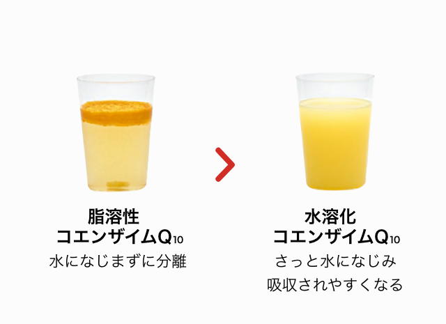 脂溶性コエンザイムQ10 水になじまずに分離 > 水溶化コエンザイムQ10 さっと水になじむ