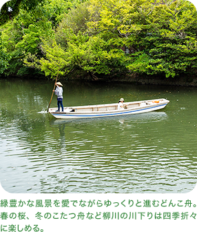 緑豊かな風景を愛でながらゆっくりと進むどんこ舟。春の桜、冬のこたつ舟など柳川の川下りは四季折々に楽しめる。